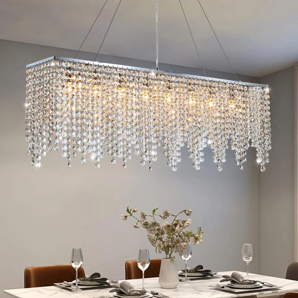 Shire 40 in. Chrome Modern Crystal Chandelier, Kitchen Island Pendant Lighting, 8-Light Linear Dining Room Chandelier by SILJOY