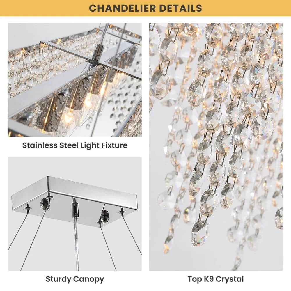 Shire 40 in. Chrome Modern Crystal Chandelier, Kitchen Island Pendant Lighting, 8-Light Linear Dining Room Chandelier by SILJOY - Image 4
