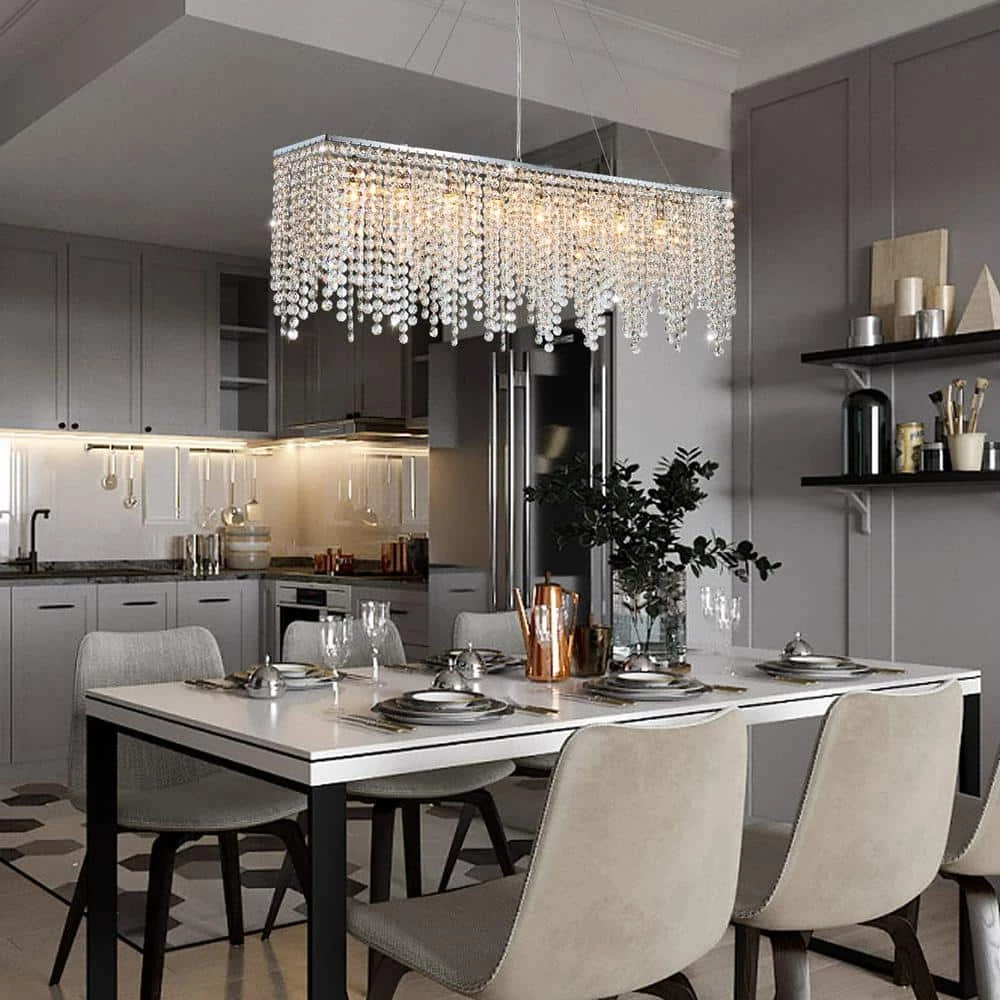 Shire 40 in. Chrome Modern Crystal Chandelier, Kitchen Island Pendant Lighting, 8-Light Linear Dining Room Chandelier by SILJOY - Image 2