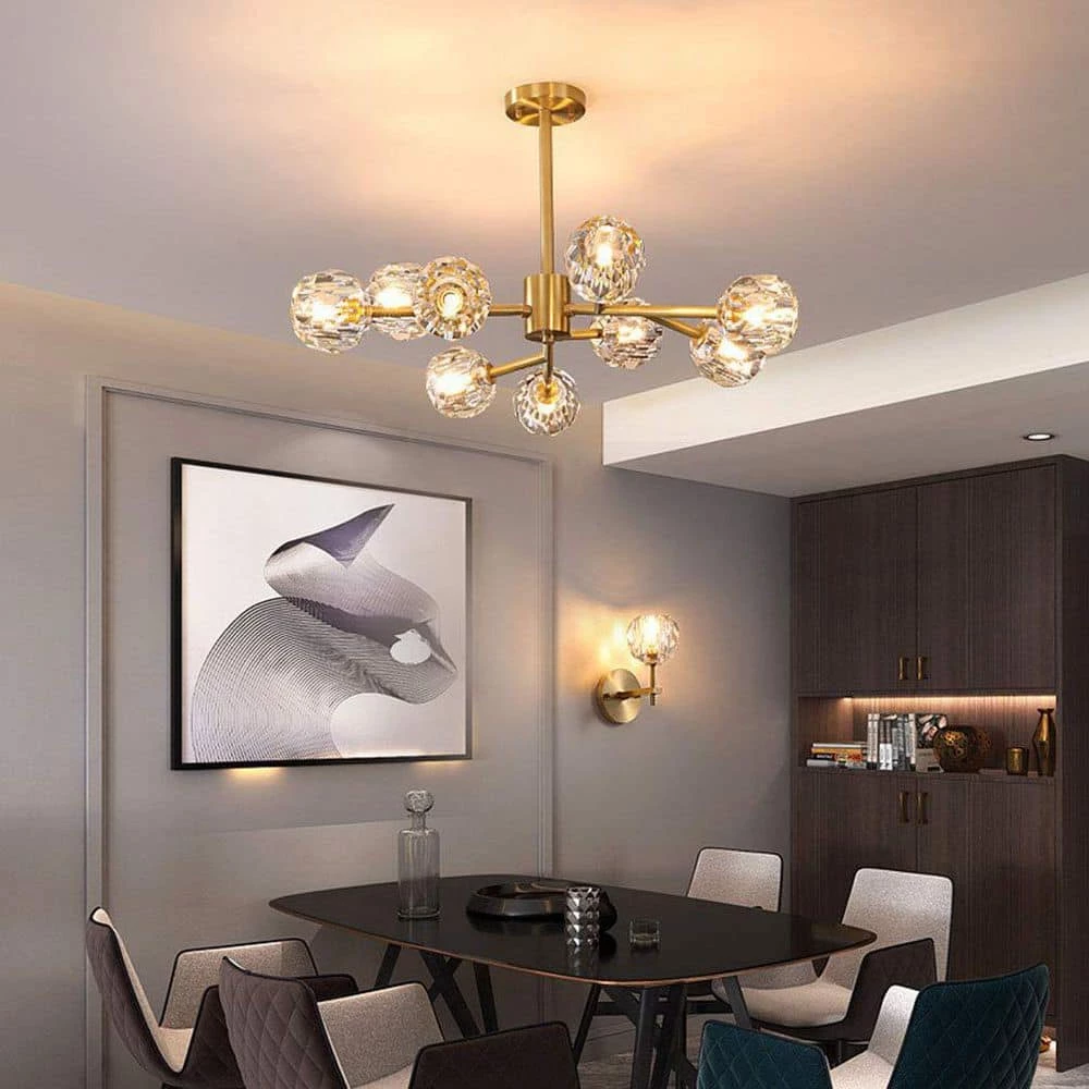 32 in. 9-Light Gold Modern Crystal Chandelier with Crystal Clear Glass Shade by SILJOY - Image 5