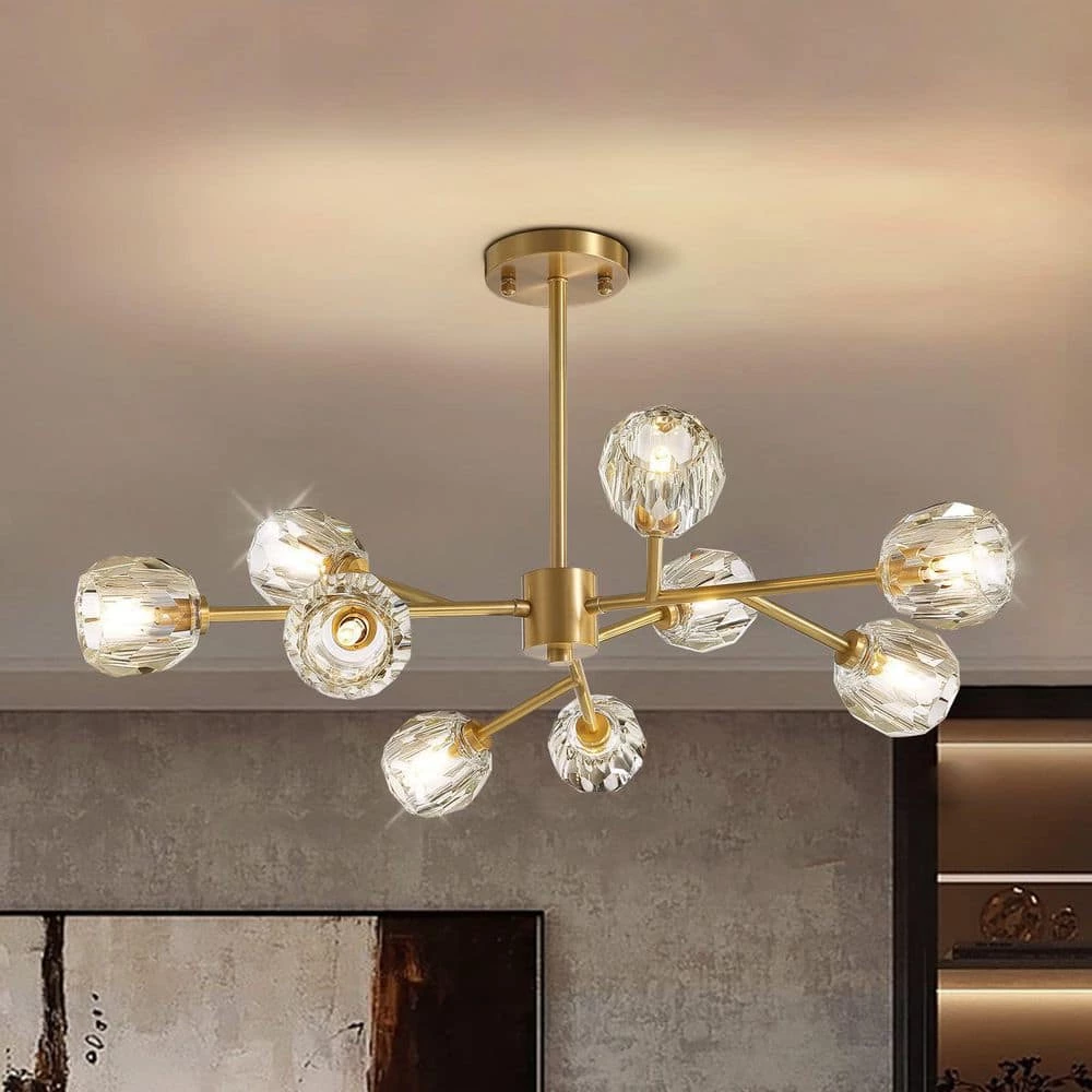 32 in. 9-Light Gold Modern Crystal Chandelier with Crystal Clear Glass Shade by SILJOY - Image 6