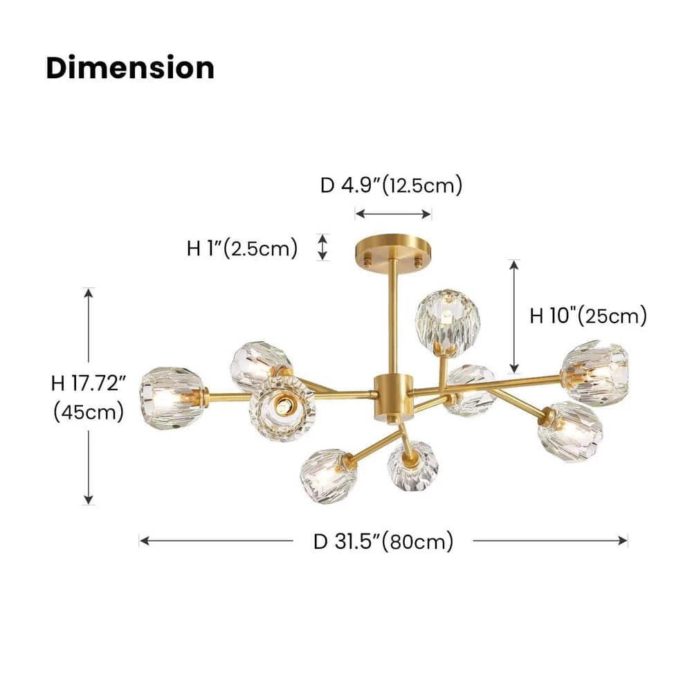 32 in. 9-Light Gold Modern Crystal Chandelier with Crystal Clear Glass Shade by SILJOY - Image 4