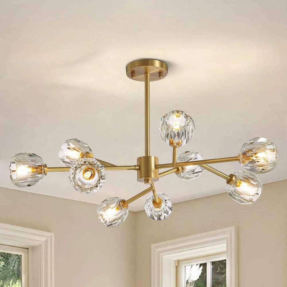 32 in. 9-Light Gold Modern Crystal Chandelier with Crystal Clear Glass Shade by SILJOY