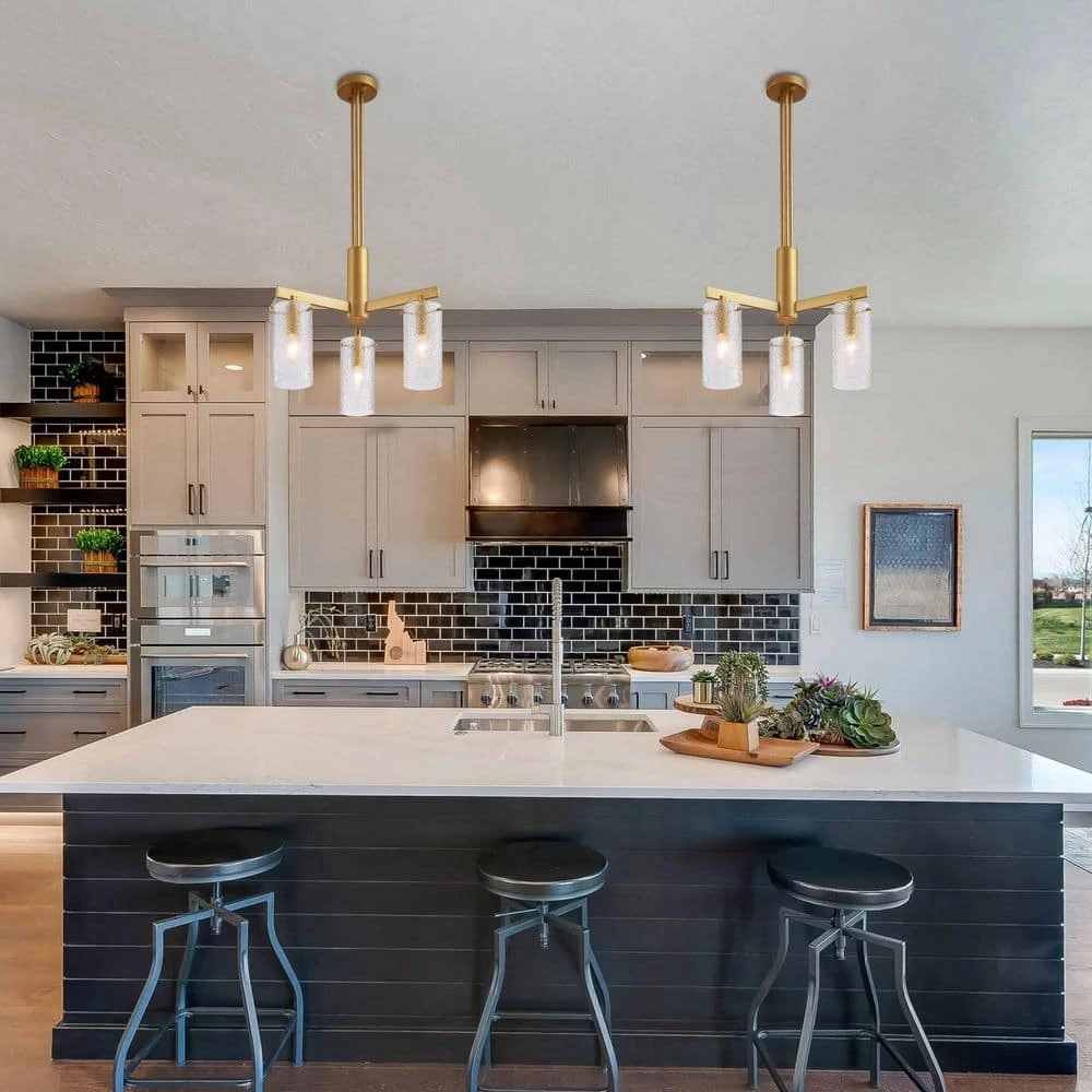 20 in. 3-Light Modern Brass Kitchen Pendant Lighting Contemporary Dining Room Chandelier with Glass Cylinder Shades by SILJOY - Image 7