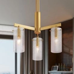 20 in. 3-Light Modern Brass Kitchen Pendant Lighting Contemporary Dining Room Chandelier with Glass Cylinder Shades by SILJOY