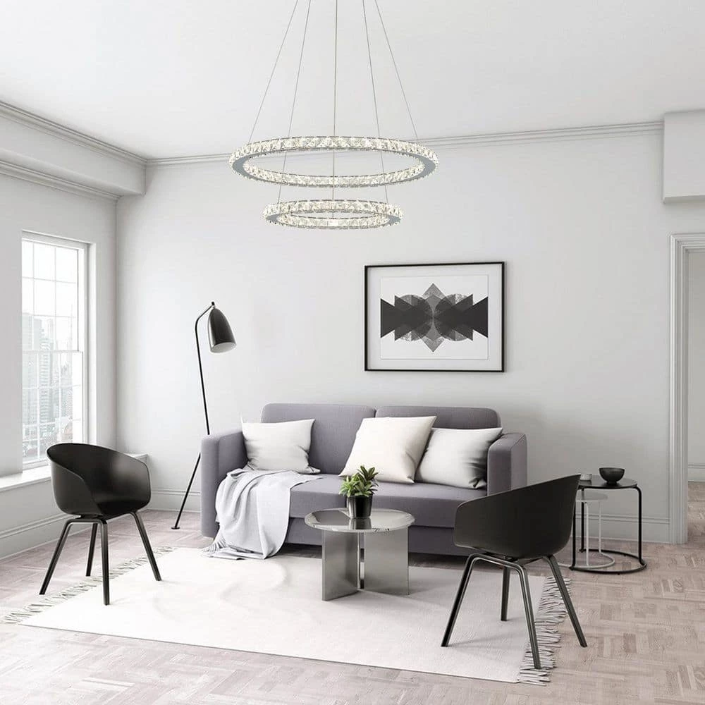 2-Ring Integrated LED Chrome Modern Crystal Chandelier Pendant Light with Clear Crystals for Kitchen Dining Room by SILJOY - Image 9