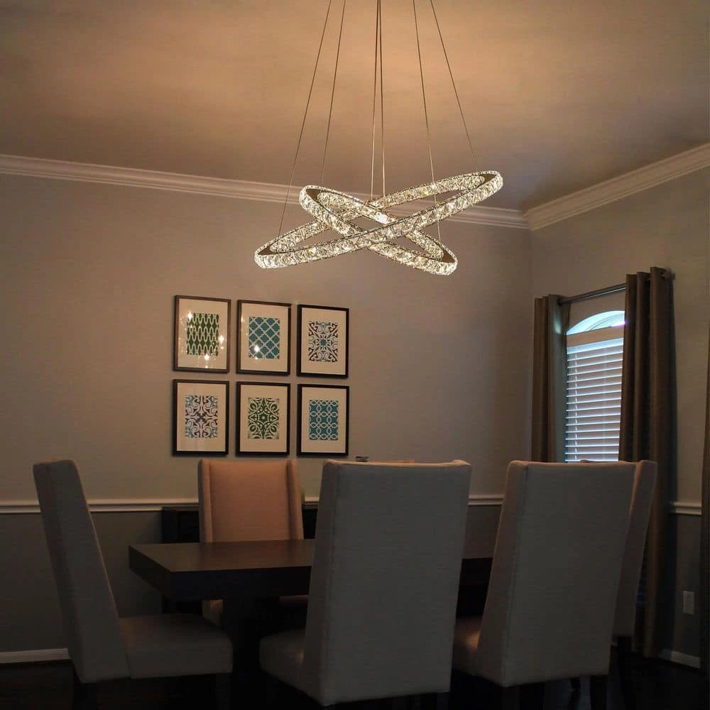 2-Ring Integrated LED Chrome Modern Crystal Chandelier Pendant Light with Clear Crystals for Kitchen Dining Room by SILJOY - Image 3