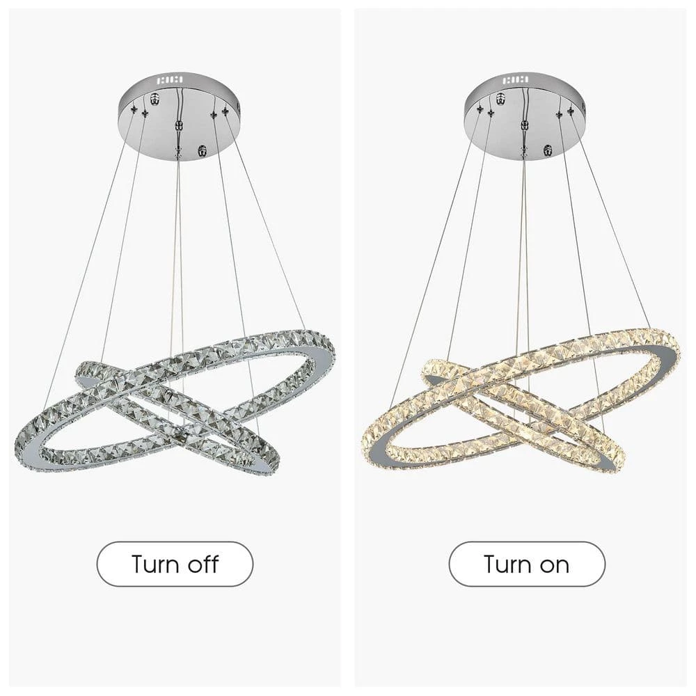 2-Ring Integrated LED Chrome Modern Crystal Chandelier Pendant Light with Clear Crystals for Kitchen Dining Room by SILJOY - Image 8