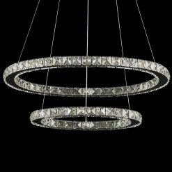 2-Ring Integrated LED Chrome Modern Crystal Chandelier Pendant Light with Clear Crystals for Kitchen Dining Room by SILJOY