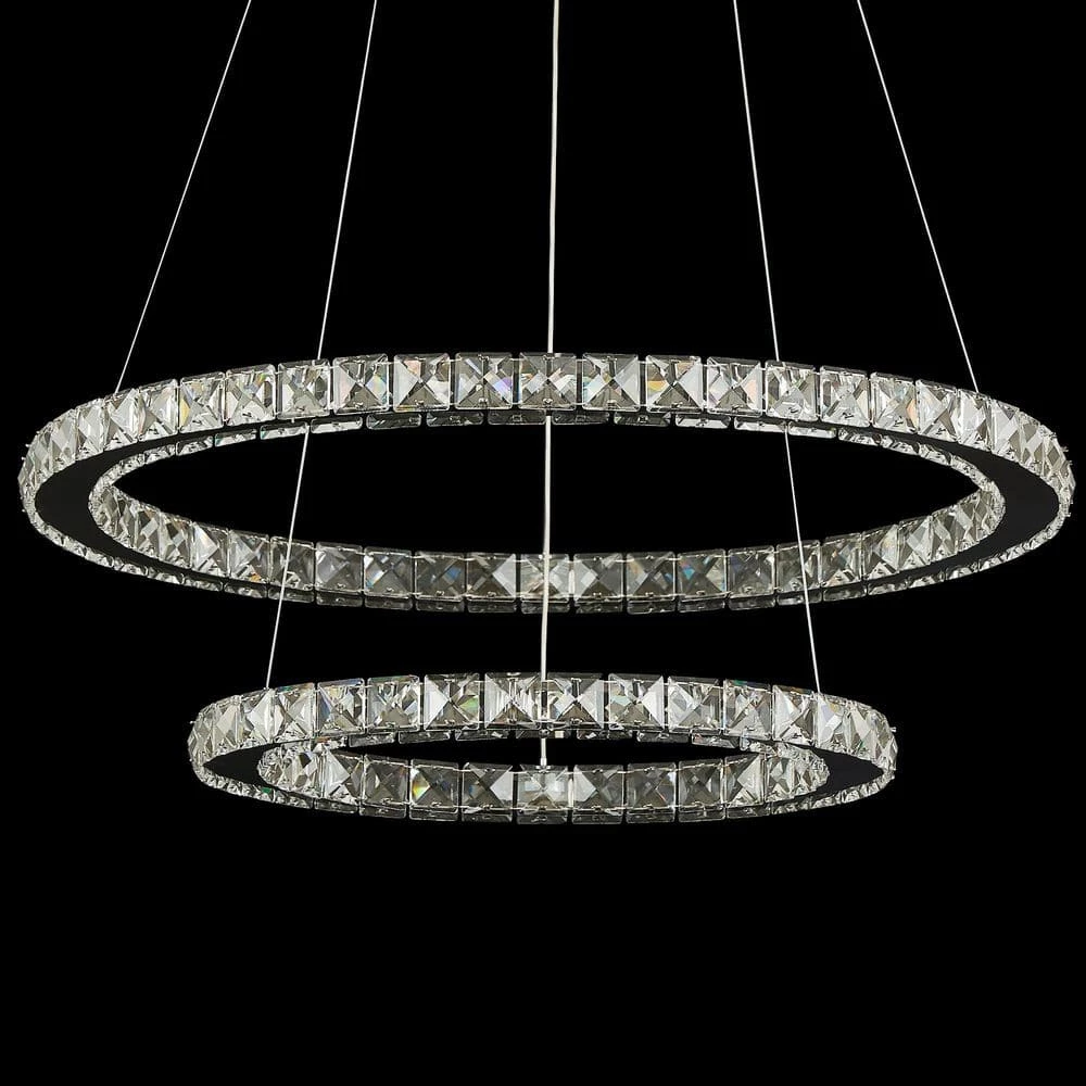 2-Ring Integrated LED Chrome Modern Crystal Chandelier Pendant Light with Clear Crystals for Kitchen Dining Room by SILJOY