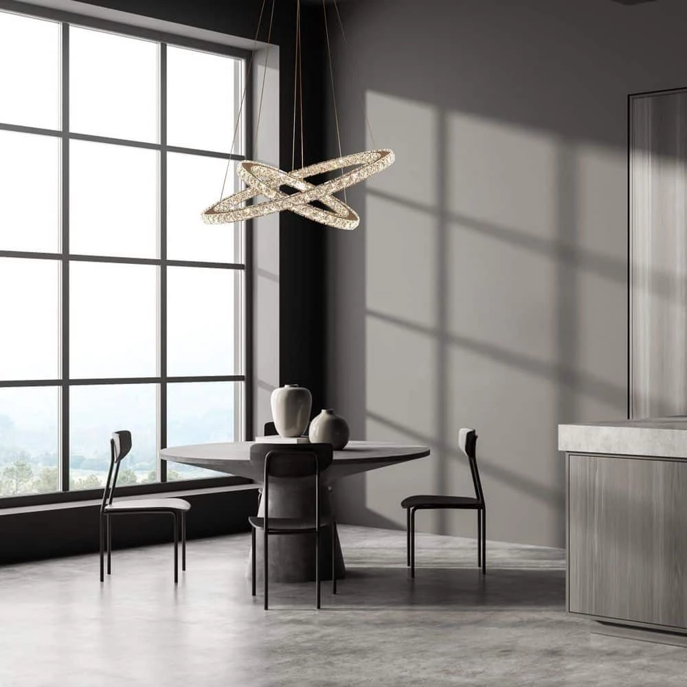 2-Ring Integrated LED Chrome Modern Crystal Chandelier Pendant Light with Clear Crystals for Kitchen Dining Room by SILJOY - Image 4