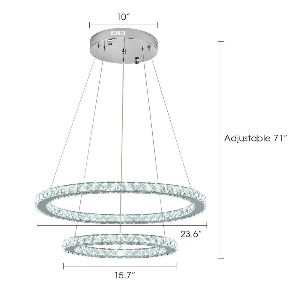 2-Ring Integrated LED Chrome Modern Crystal Chandelier Pendant Light with Clear Crystals for Kitchen Dining Room by SILJOY - Image 5
