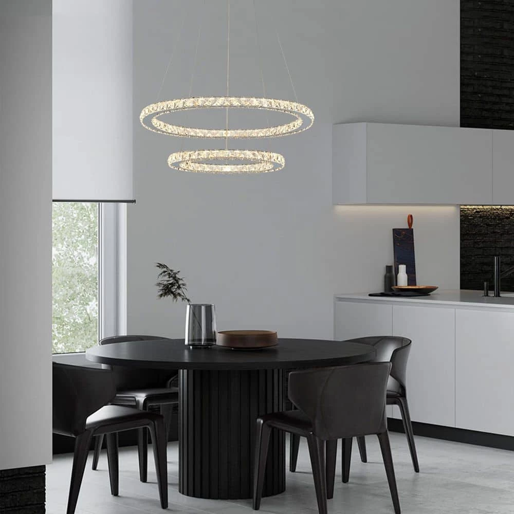 2-Ring Integrated LED Chrome Modern Crystal Chandelier Pendant Light with Clear Crystals for Kitchen Dining Room by SILJOY - Image 2