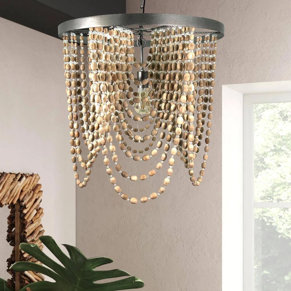 1-Light Silver Contemporary Pendant with Wooden Beads by Tatahance - Image 3