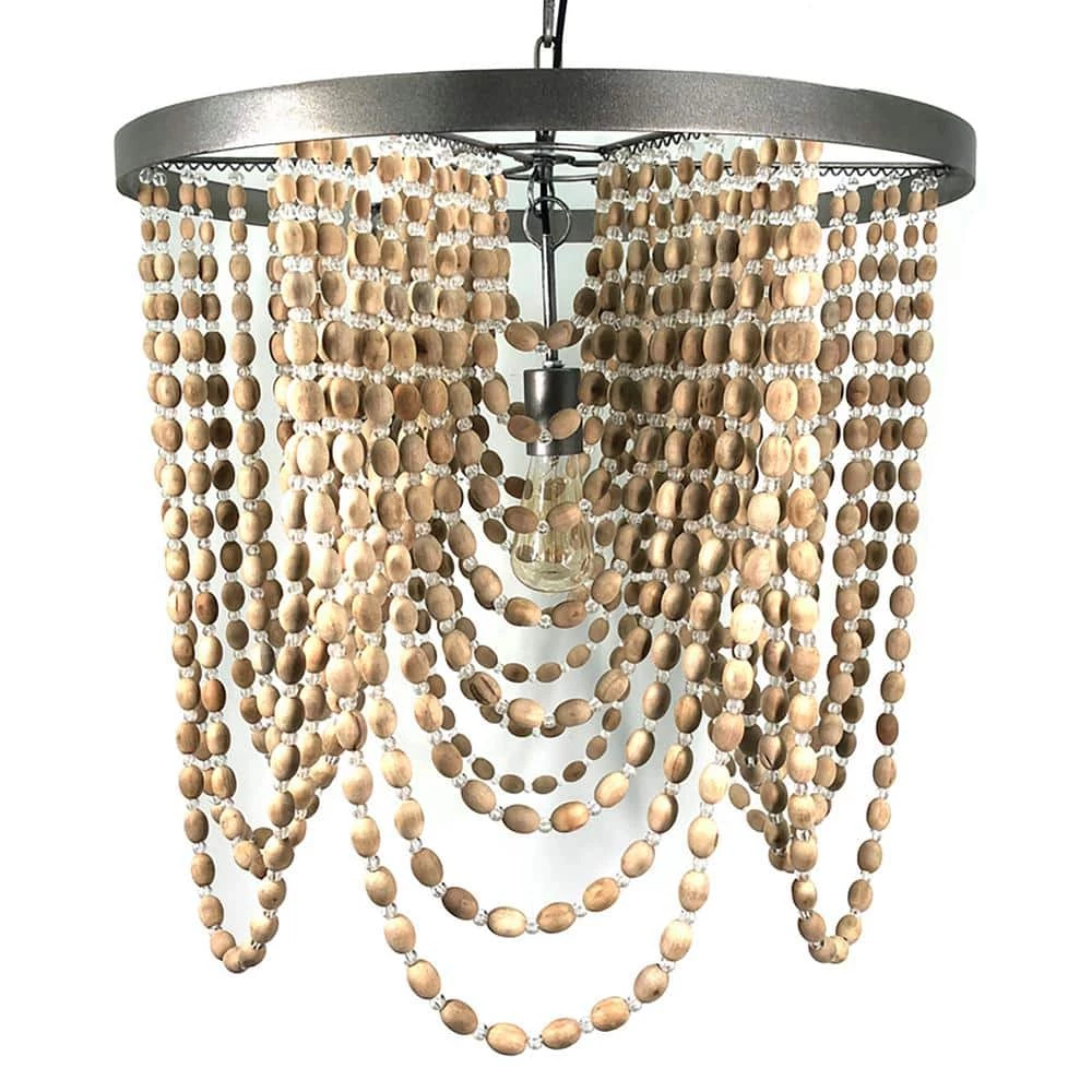 1-Light Silver Contemporary Pendant with Wooden Beads by Tatahance
