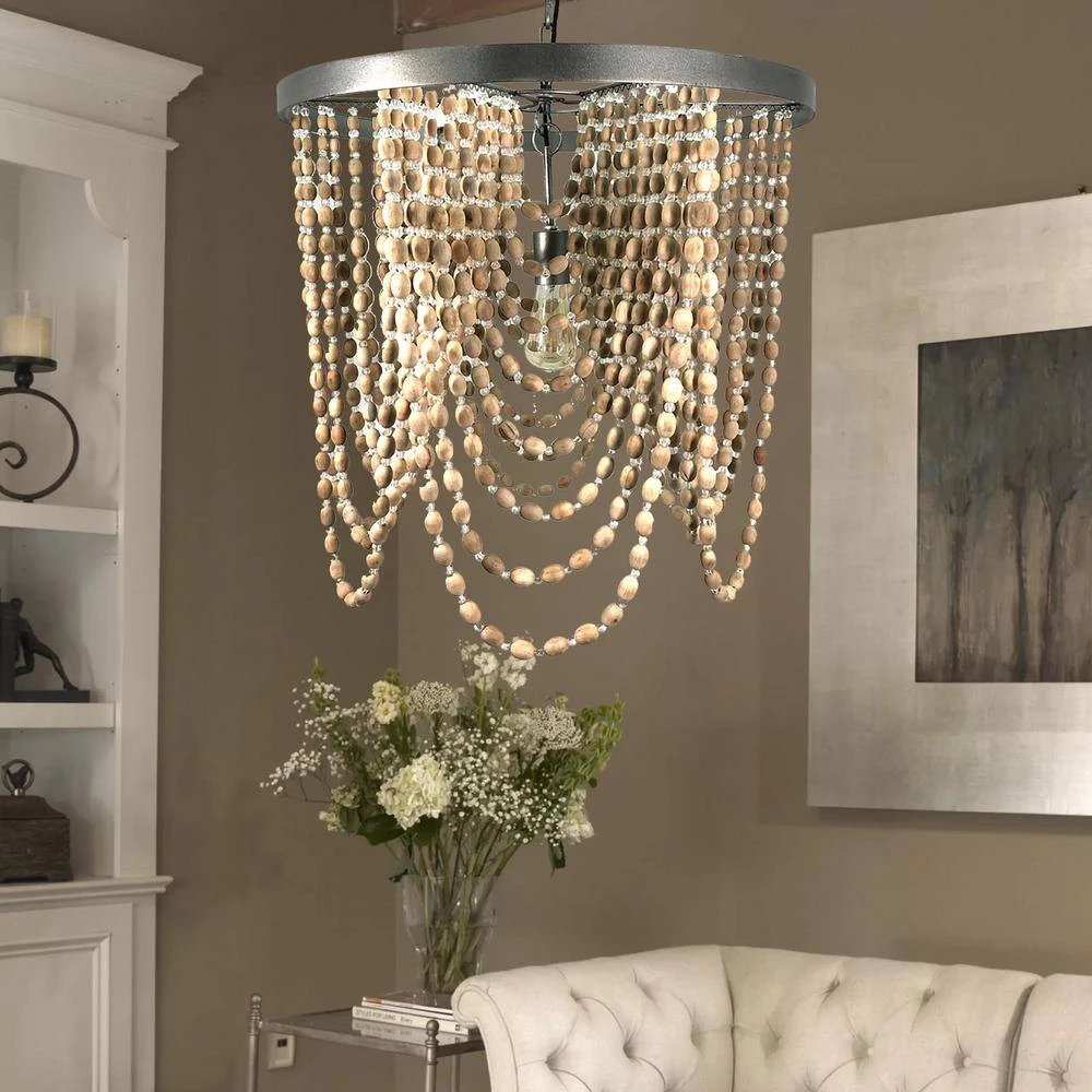 1-Light Silver Contemporary Pendant with Wooden Beads by Tatahance - Image 2