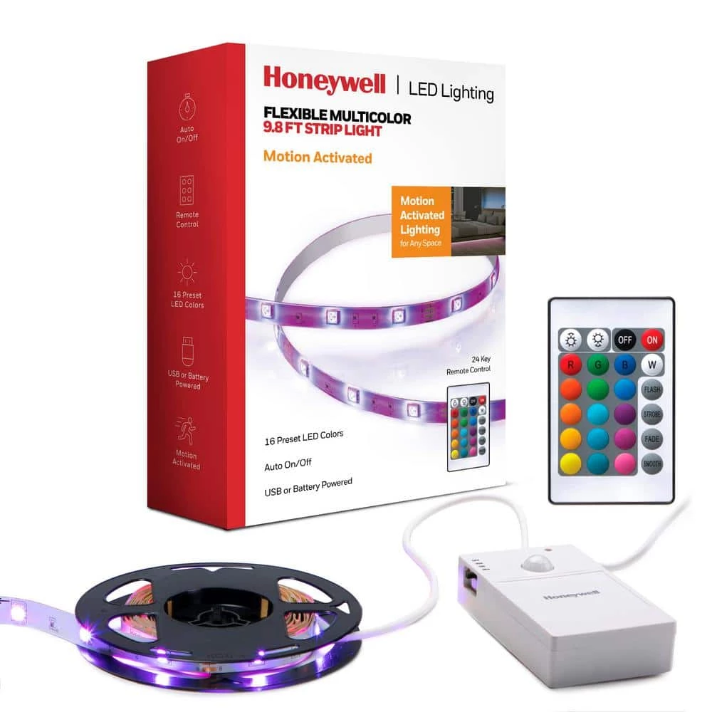 9.8 ft. USB or Battery Powered LED RGB Motion Activated Strip Lights for Home Decor, Mounted Under Cabinet Lights by Honeywell